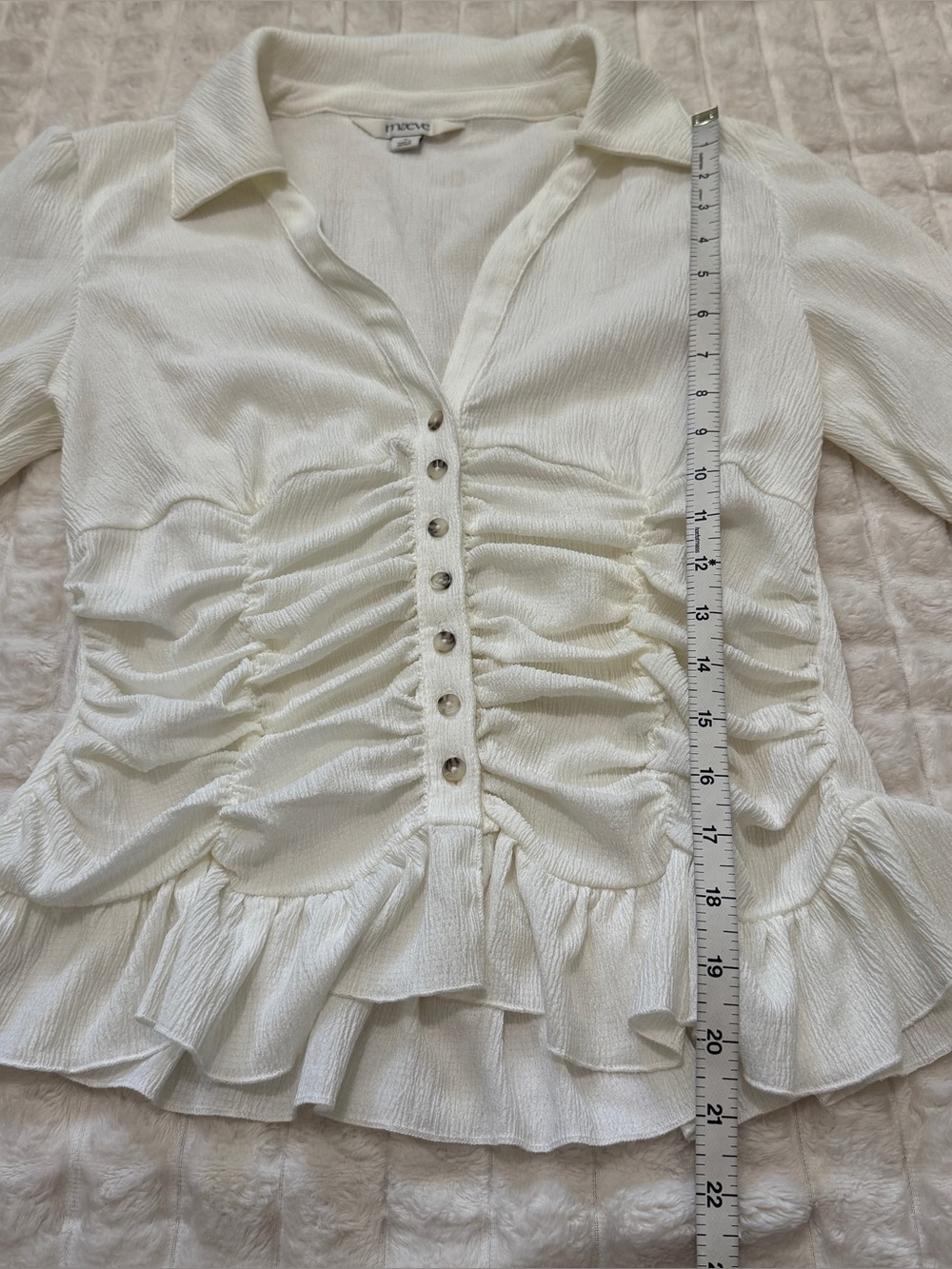 Maeve White Ruched Button-Down Blouse - Picture 6 of 7